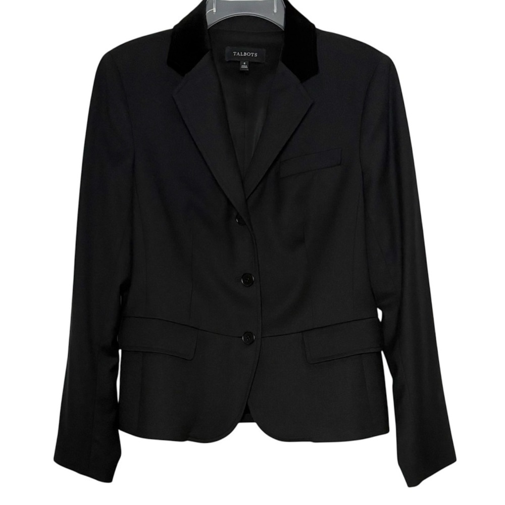 Talbots Blazer Wool Blend Jacket Velvet Collar Tailored Classic Black Size 8